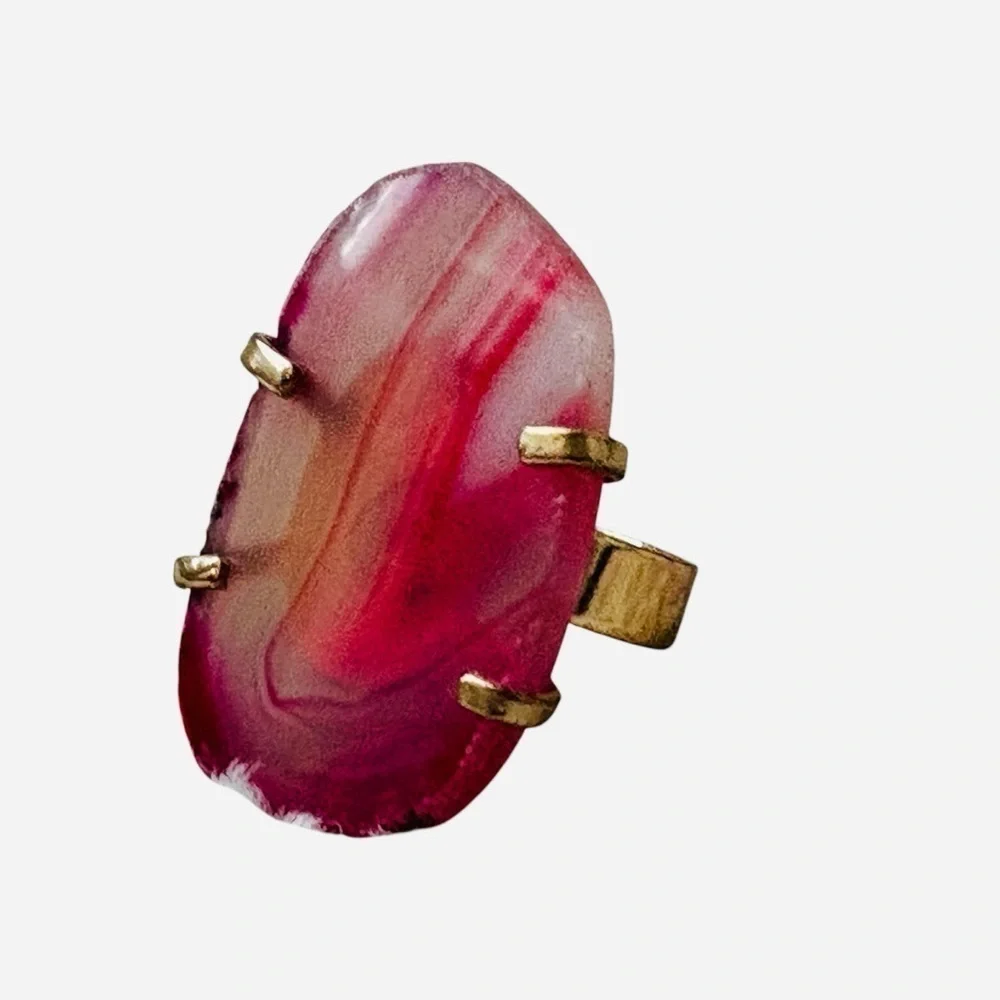 Pink Agate Looking Adjustable Ring Gold Tone Gemstone